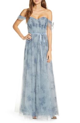 Marchesa Notte Off the Shoulder Floral Tulle Bridesmaid Gown in Dusty Blue