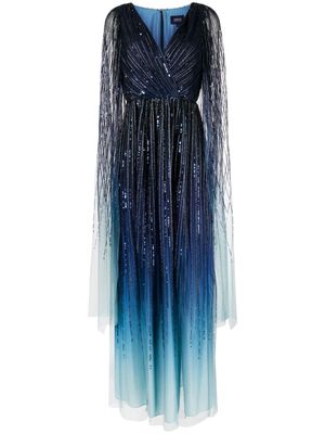 Marchesa Notte ombré-effect embellished gown - Blue