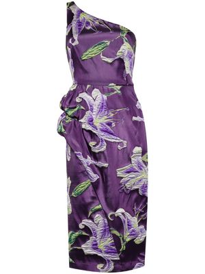 Marchesa Notte one-shoulder draped midi dress - Purple