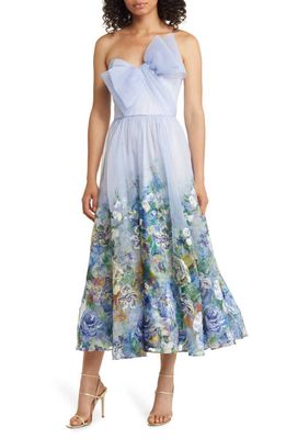 Marchesa Notte Painted Layered Roses Floral Embroidered Strapless A-Line Dress in Blue Yellow