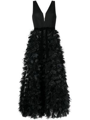 Marchesa Notte plunging ruffled gown - Black
