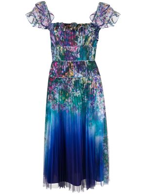 Marchesa Notte printed square-neck dress - Blue