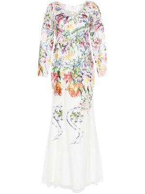 Marchesa Notte Ribbons floral-embroidered gown - White