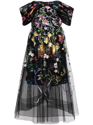 Marchesa Notte Ribbons floral-embroidered midi dress - Black