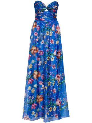 Marchesa Notte Ribbons floral-print cape gown - Blue