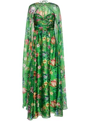 Marchesa Notte Ribbons floral-print cape gown - Green