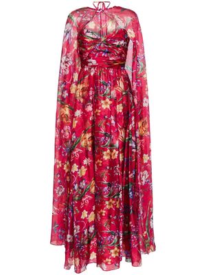 Marchesa Notte Ribbons floral-print cape gown - Red