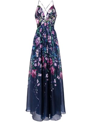 Marchesa Notte Ribbons floral-print chiffon gown - Blue