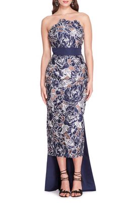 Marchesa Notte Tulips & Anemones Floral Embroidered Strapless Dress in Navy
