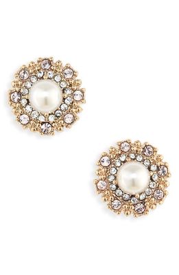 Marchesa Pavé Halo Imitation Pearl Stud Earrings in Gold/Blush