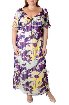 Marée Pour Toi Floral Metallic Puff Sleeve Maxi Dress in Purple
