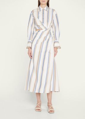 Marge Striped Cotton Twisted Midi Shirtdress