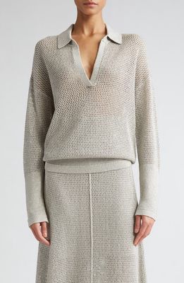 Maria McManus Johnny Collar Shimmer Mesh Polo Sweater in Silver