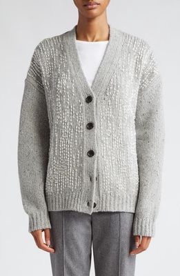 Maria McManus Oversize Hand Beaded Recycled Cashmere & Merino Wool Cardigan in Grey Donegal Tweed