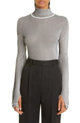 Maria McManus Sheer Stripe Long Sleeve Mock Neck Top in Black & Ivory Stripe