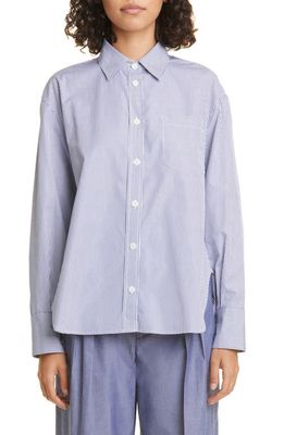 Maria McManus Stripe Oversize Organic Cotton Poplin Button-Up Shirt in Royal Blue Narrow Stripe
