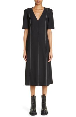 Maria McManus Topstitch Detail V-Neck Stretch Wool Midi Dress in Black W/Ivory Top Stitch