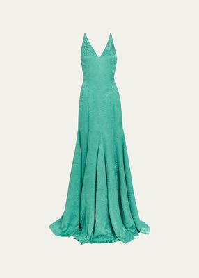 Marilyn Woodcut Jacquard Backless V-Neck Gown