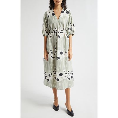 Marimekko Aiva Lammet Belted Midi Dress in Greyish Green White Dk Grey 