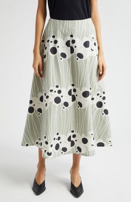 Marimekko Stasia Lammet Cotton & Linen A-Line Skirt in Greyish Green White Dk Grey 