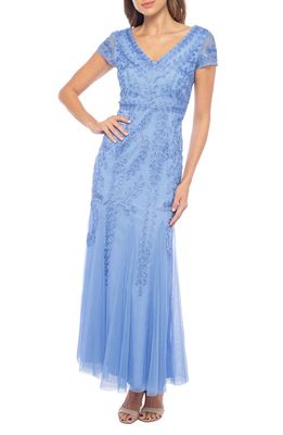 Marina Beaded Cap Sleeve Tulle Gown in Blue 