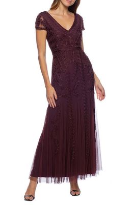 Marina Beaded Cap Sleeve Tulle Gown in Wine