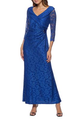 Marina Embellished Ruched Lace Column Gown in Royal