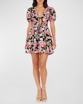 Marina Floral-Embroidered Cutout Mini Dress