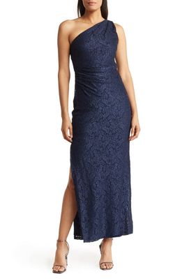 Marina One Shoulder Metallic Lace Gown in Nvy