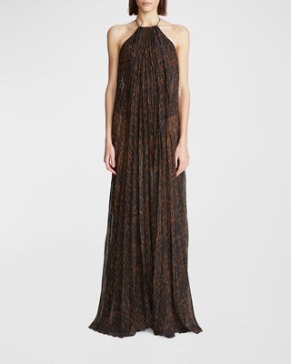Marina Pleated Leopard-Print Halter Gown