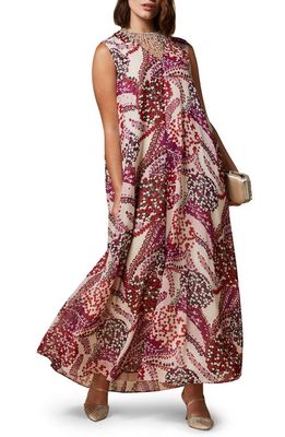 Marina Rinaldi Abstract Floral Sleeveless Silk Georgette Maxi Dress in Beige
