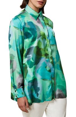 Marina Rinaldi Abstract Print Satin Button-Up Shirt in Green