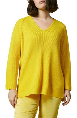 Marina Rinaldi Albatros V-Neck Virgin Wool Blend Sweater in Yellow