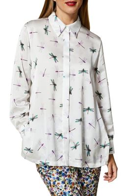 Marina Rinaldi Balza Dragonfly Print Satin Button-Up Shirt in White