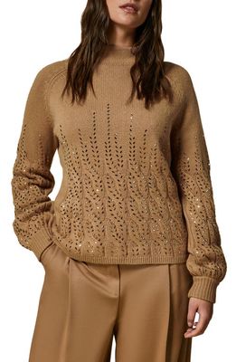 Marina Rinaldi Cable Crystal Embellished Wool Blend Mock Neck Sweater in Camel