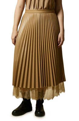 Marina Rinaldi Civetta Lace Detail Pleated Maxi Skirt in Brown