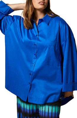 Marina Rinaldi Cocoon Fit Oversize Cotton Blend Poplin Button-Up Blouse in China Blue