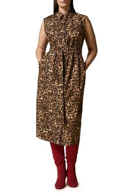 Marina Rinaldi Derby Ottoman Leopard Belted Ottoman Shirtdress in Dark Brown