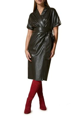 Marina Rinaldi Dicembre Faux Leather Tie Waist Midi Dress in Dark Brown