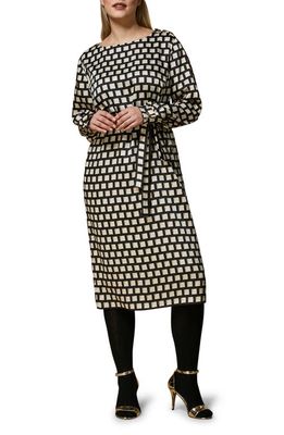 Marina Rinaldi Geometric Print Belted Long Sleeve Midi Dress in Black