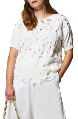Marina Rinaldi Macramé Crepe Cotton Sweater in White
