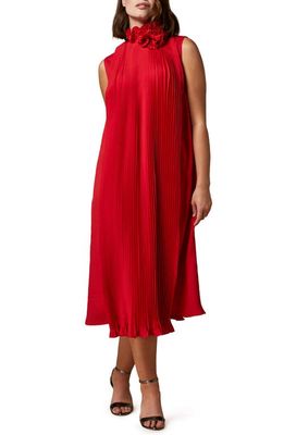 Marina Rinaldi Pleated Sleeveless Ruffle Midi Dress in Red