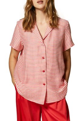 Marina Rinaldi Stripe Button-Up Shirt in White/Red
