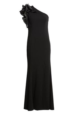 Marina Ruffle One-Shoulder Crepe Gown in Black
