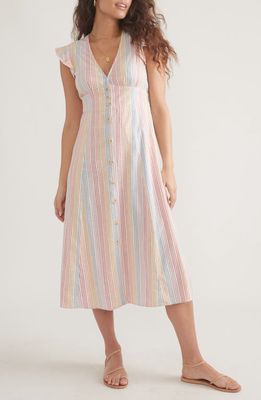 Marine Layer Camila Stripe Button Front Midi Dress in Warm Rainbow Stripe