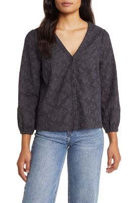Marine Layer Colette Long Sleeve Cotton Eyelet Top in Black