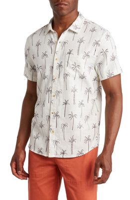Marine Layer Palm Print Stretch Selvage Short Sleeve Button-Up Shirt in White/Black Palm