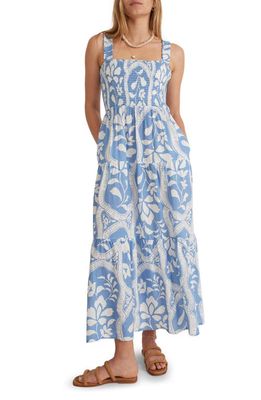 Marine Layer Selene Smocked Midi Dress in Blue Tile Print