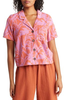 Marine Layer Tropical Print Terry Cloth Camp Shirt in Orange/Lavender Floral