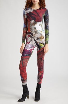 Marine Serre Scarves Print Long Sleeve Jersey Catsuit in Red